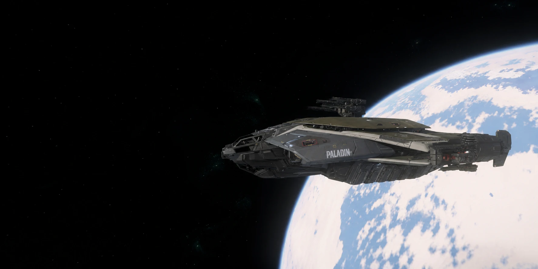 Die Paladin vor einem hellen Planeten im All
